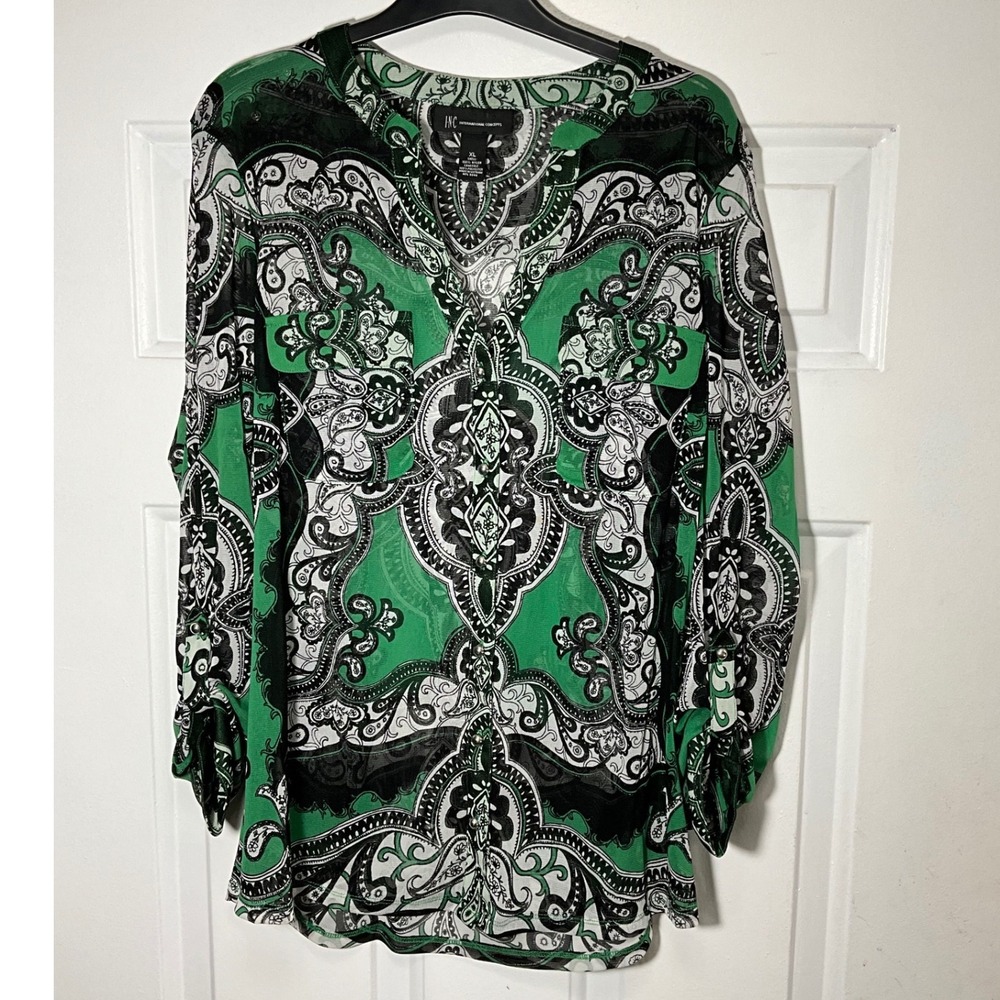 INC International Concepts Green Paisley Mesh Roll Tab Sleeve Tunic Top XL